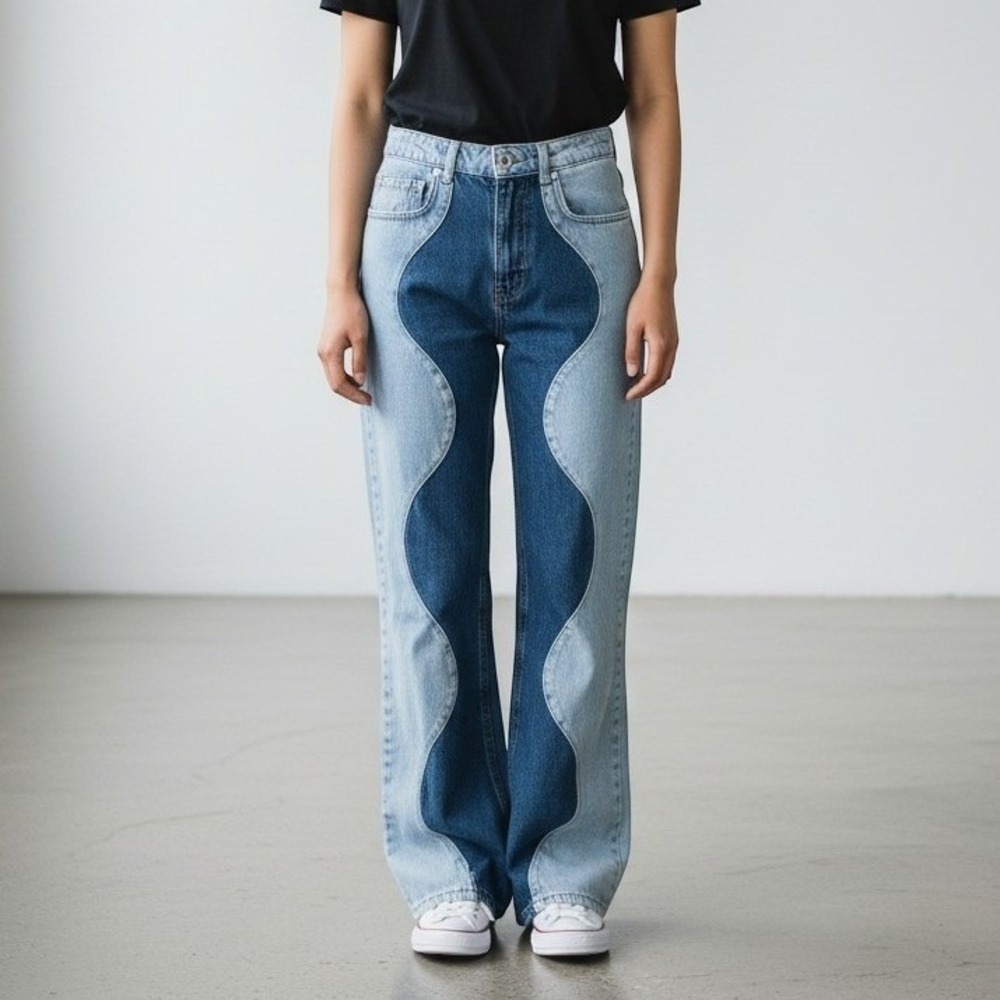 Ragged Jeans Womens 28 Flare Y2K Wide Leg Two Tone Wavy Patchwork Blue Indie